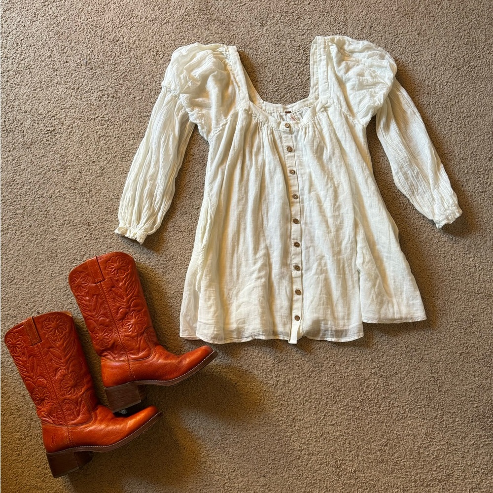Free People Puff Sleeve White Cotton Dress
